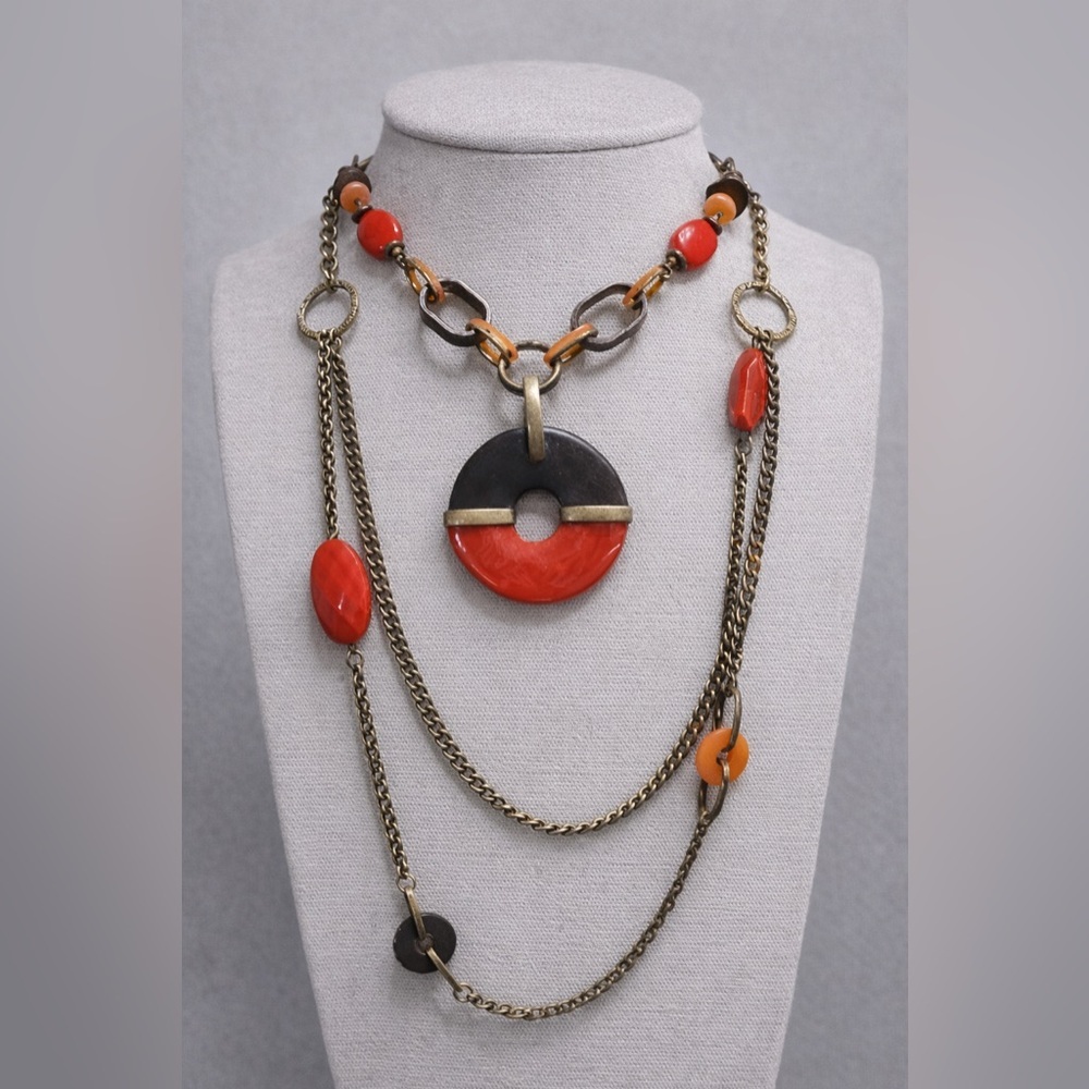 Premier Designs PIPER Red Acrylic Brass Chain Necklace Retro NWOT 38” #511 - Picture 4 of 8